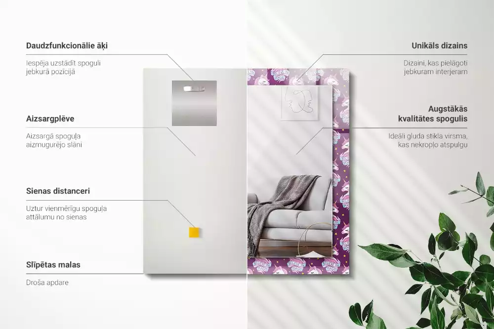 Négyszögletes dísztükör Unikornis csillagok betűkkel