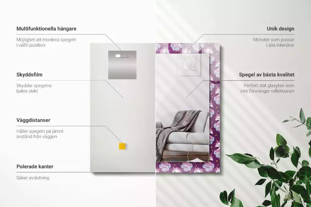 Négyszögletes dísztükör Unikornis csillagok betűkkel