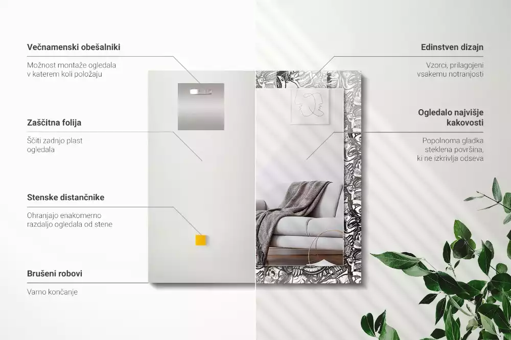 Négyszögletes dísztükör Fekete-fehér minták