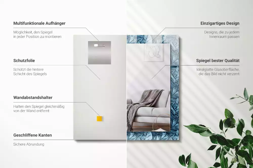 Négyszögletes dísztükör Kék levelek minta