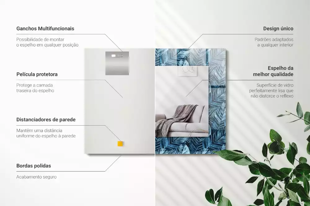 Négyszögletes dísztükör Kék levelek minta