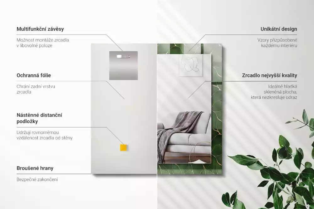 Négyszögletes dísztükör Zöld levelek minta