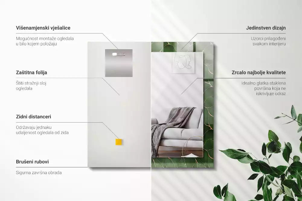 Négyszögletes dísztükör Zöld levelek minta