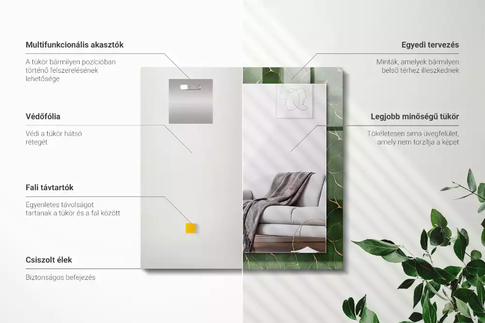 Négyszögletes dísztükör Zöld levelek minta