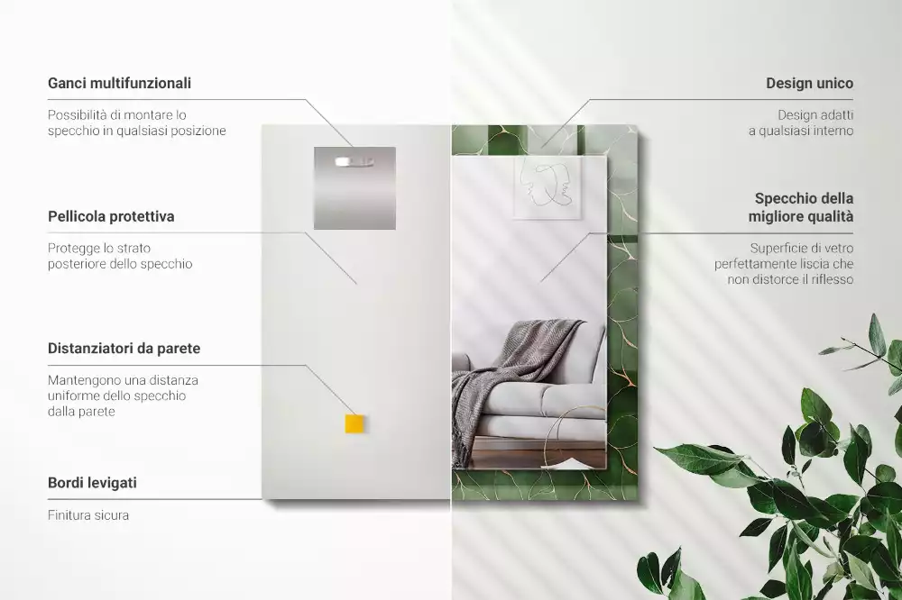 Négyszögletes dísztükör Zöld levelek minta