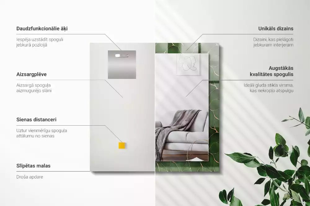 Négyszögletes dísztükör Zöld levelek minta