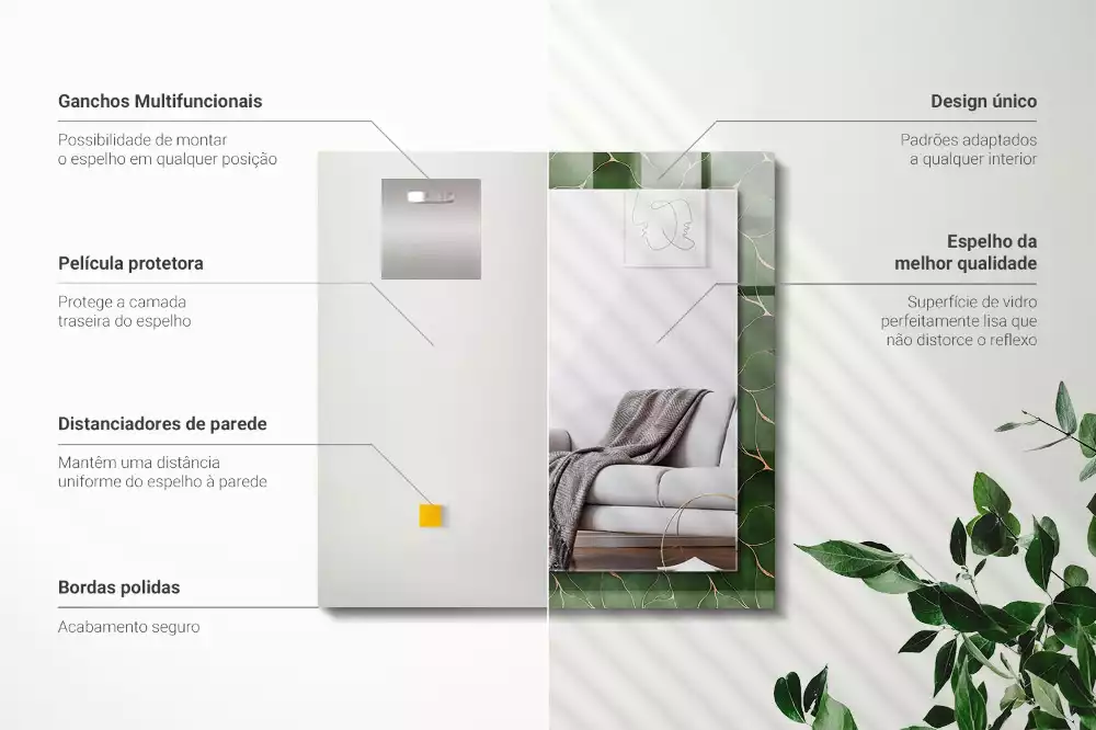 Négyszögletes dísztükör Zöld levelek minta