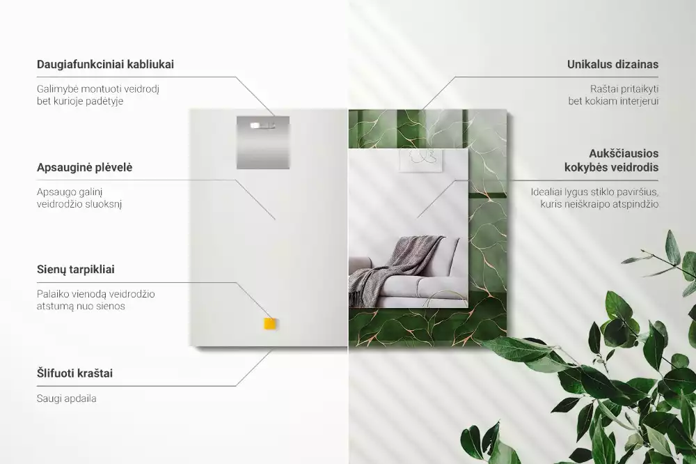 Négyszögletes dísztükör Zöld levelek minta