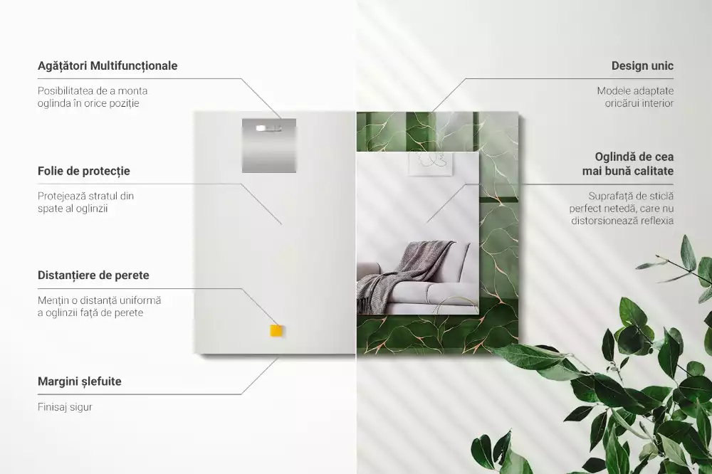 Négyszögletes dísztükör Zöld levelek minta