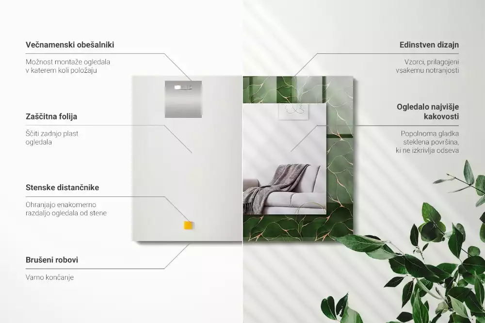 Négyszögletes dísztükör Zöld levelek minta