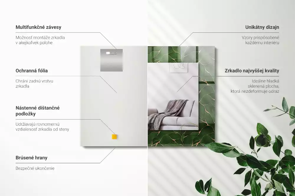 Négyszögletes dísztükör Zöld levelek minta