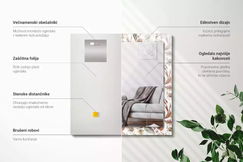 Négyszögletes dísztükör Virágok és levelek