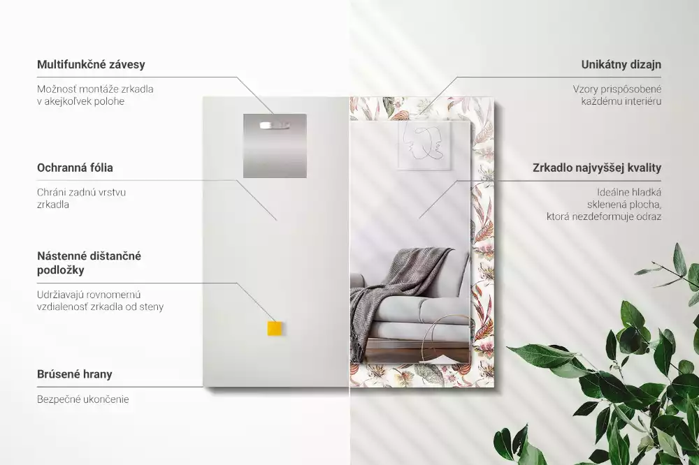 Négyszögletes dísztükör Virágok és levelek