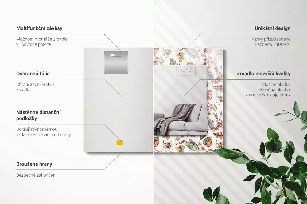 Négyszögletes dísztükör Virágok és levelek