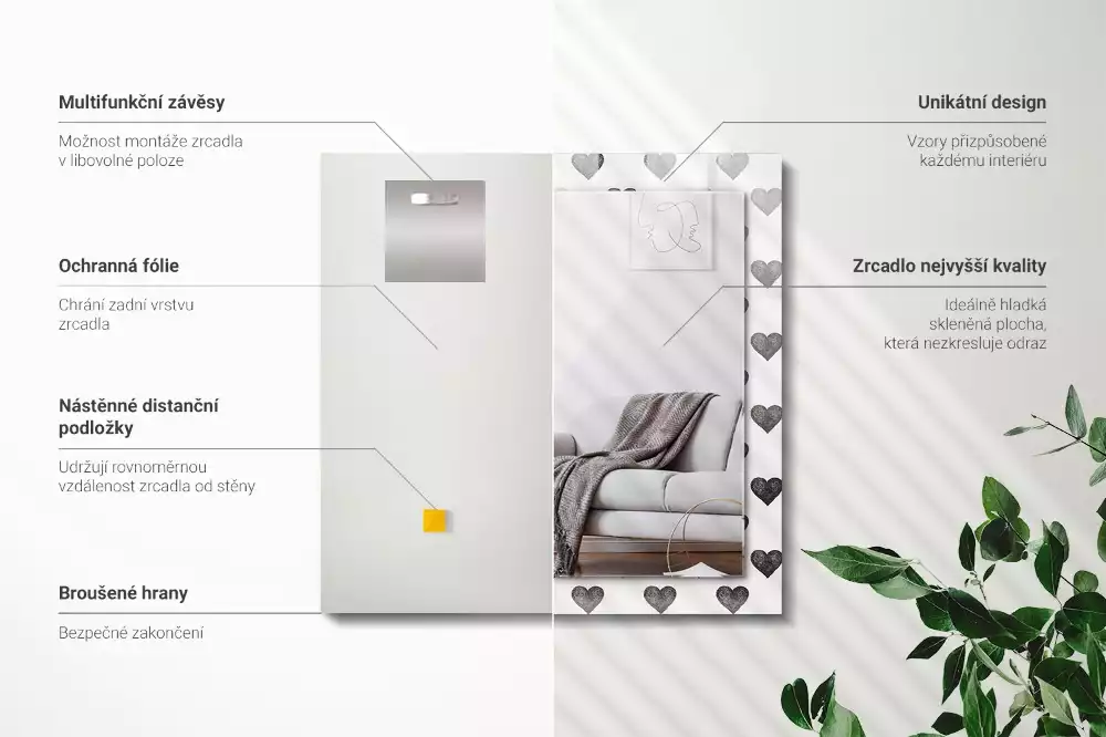 Négyszögletes dísztükör Fekete szívek minta