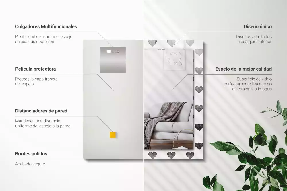 Négyszögletes dísztükör Fekete szívek minta