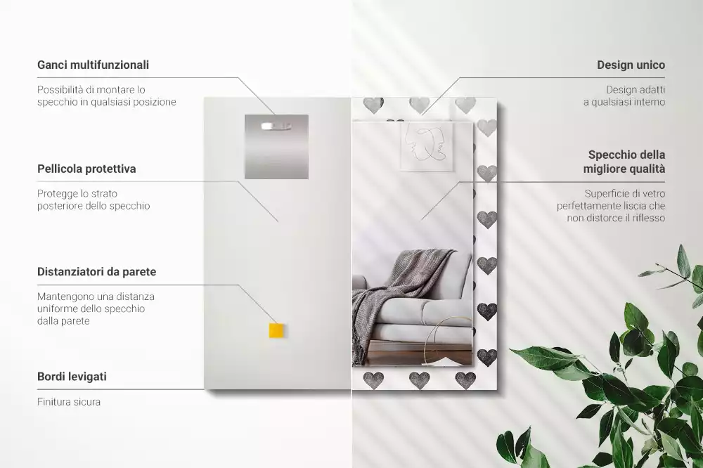 Négyszögletes dísztükör Fekete szívek minta