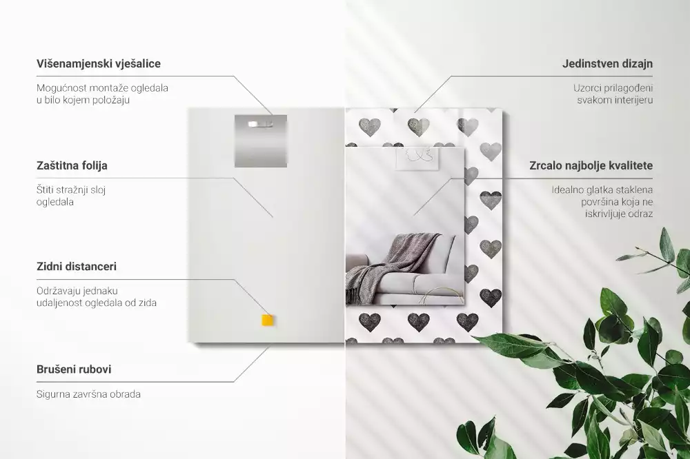 Négyszögletes dísztükör Fekete szívek minta