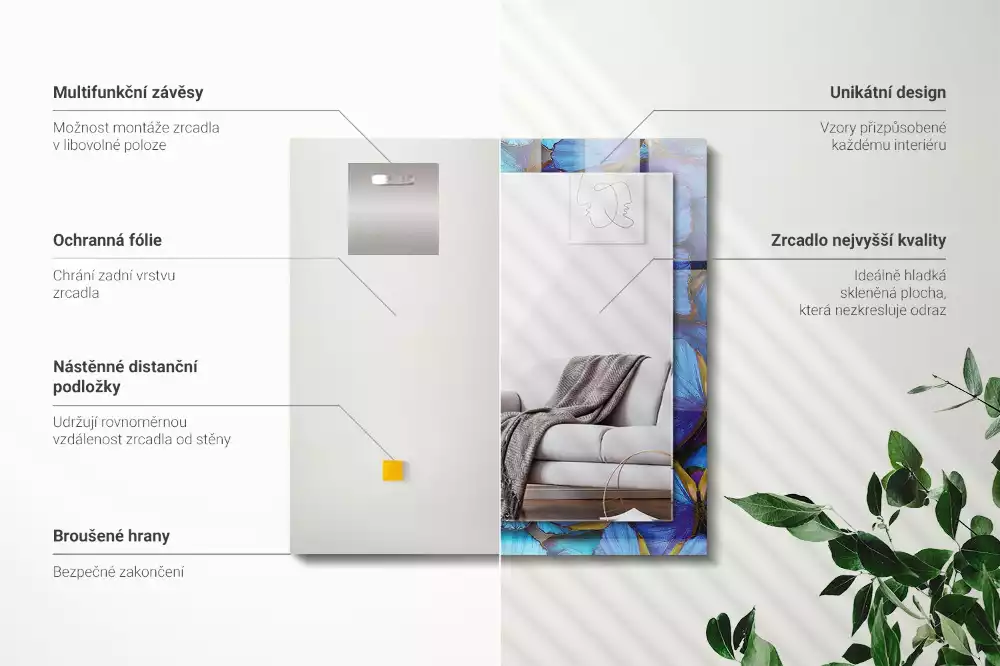 Négyszögletes díszes tükör Kék és zöld pillangók