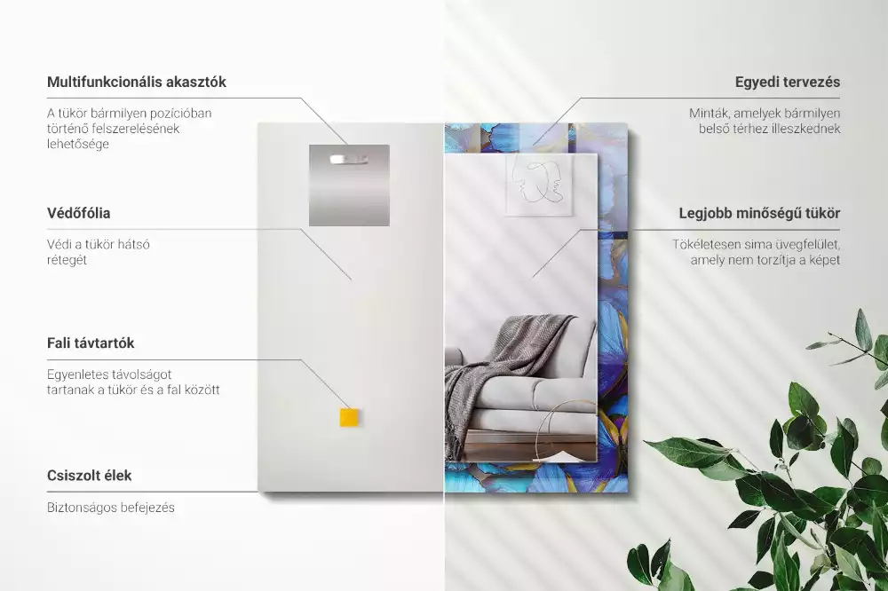 Négyszögletes díszes tükör Kék és zöld pillangók