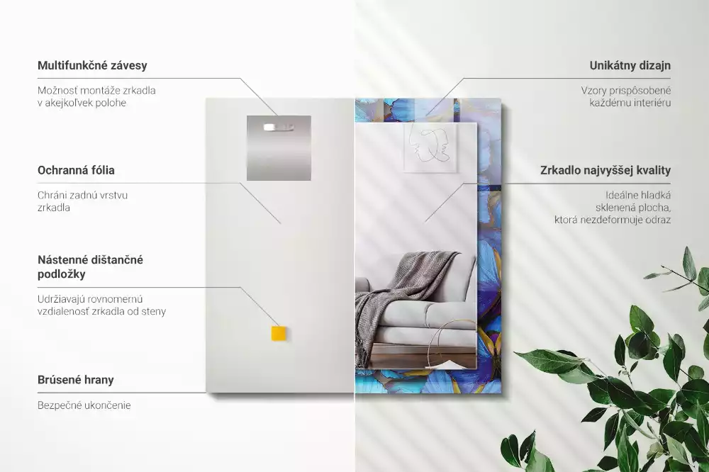 Négyszögletes díszes tükör Kék és zöld pillangók