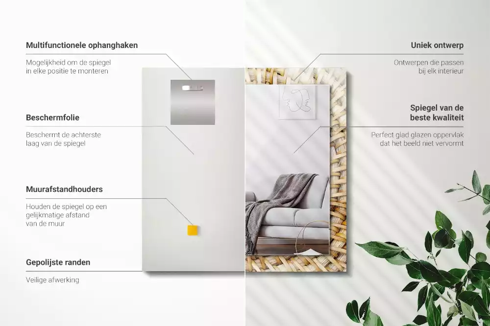 Négyszögletes díszes tükör Vesszőből fon