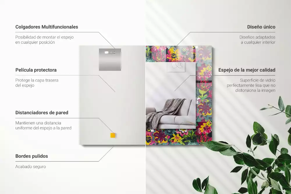 Négyszögletes díszes tükör Színes virágmintákkal