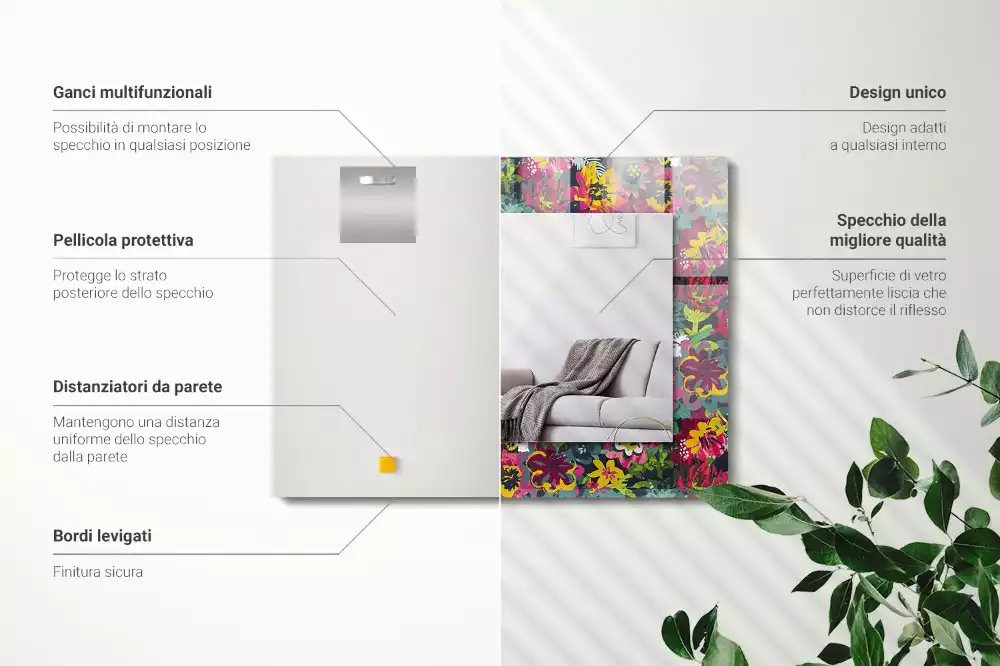 Négyszögletes díszes tükör Színes virágmintákkal