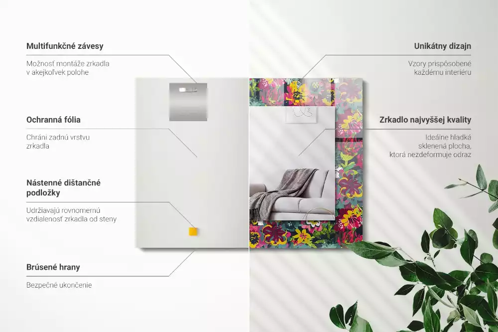 Négyszögletes díszes tükör Színes virágmintákkal