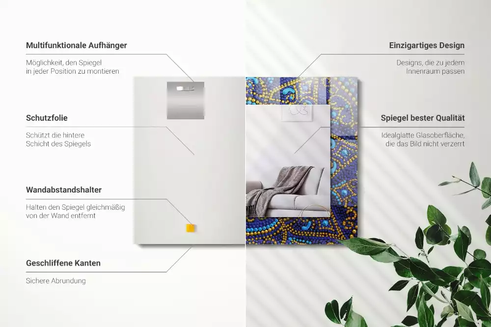 Négyszögletes díszes tükör Kék pöttyös mandala