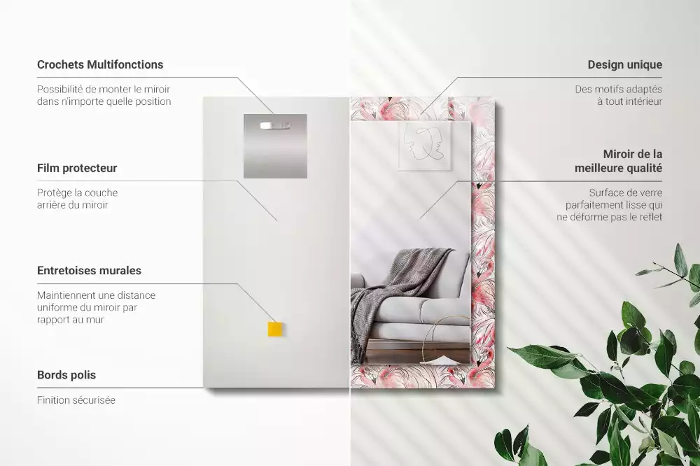 Négyszögletes díszes tükör Rózsaszín flamingók