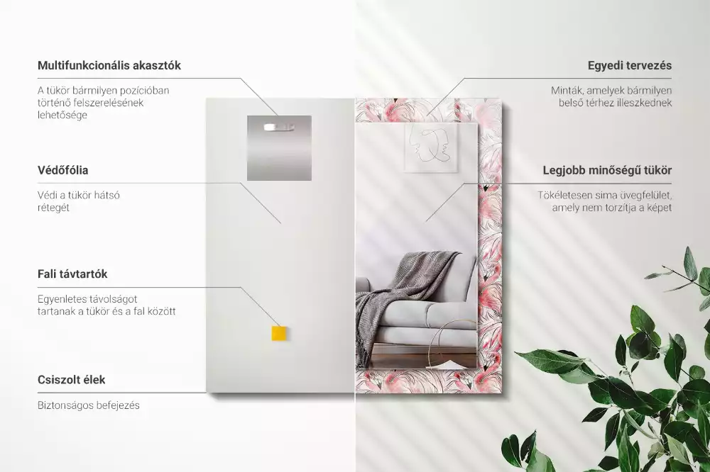 Négyszögletes díszes tükör Rózsaszín flamingók