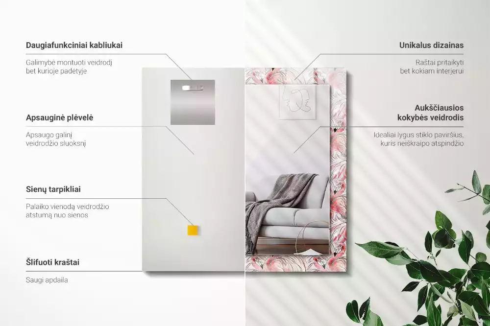 Négyszögletes díszes tükör Rózsaszín flamingók