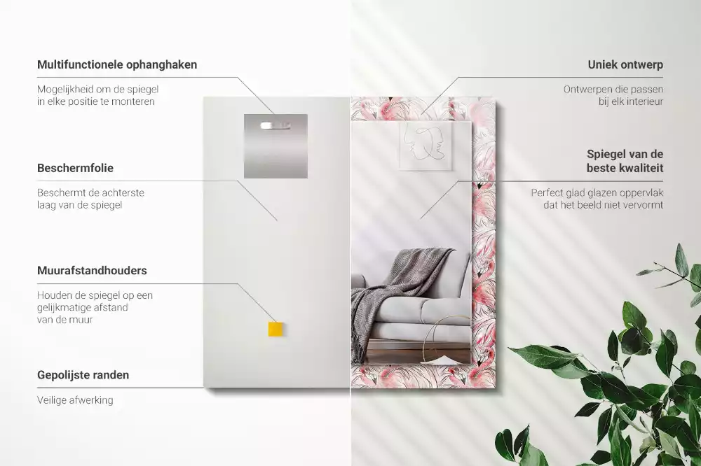 Négyszögletes díszes tükör Rózsaszín flamingók