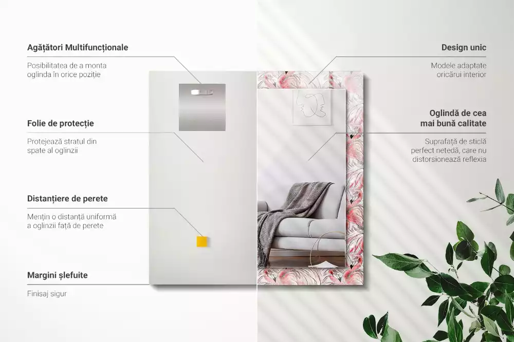 Négyszögletes díszes tükör Rózsaszín flamingók