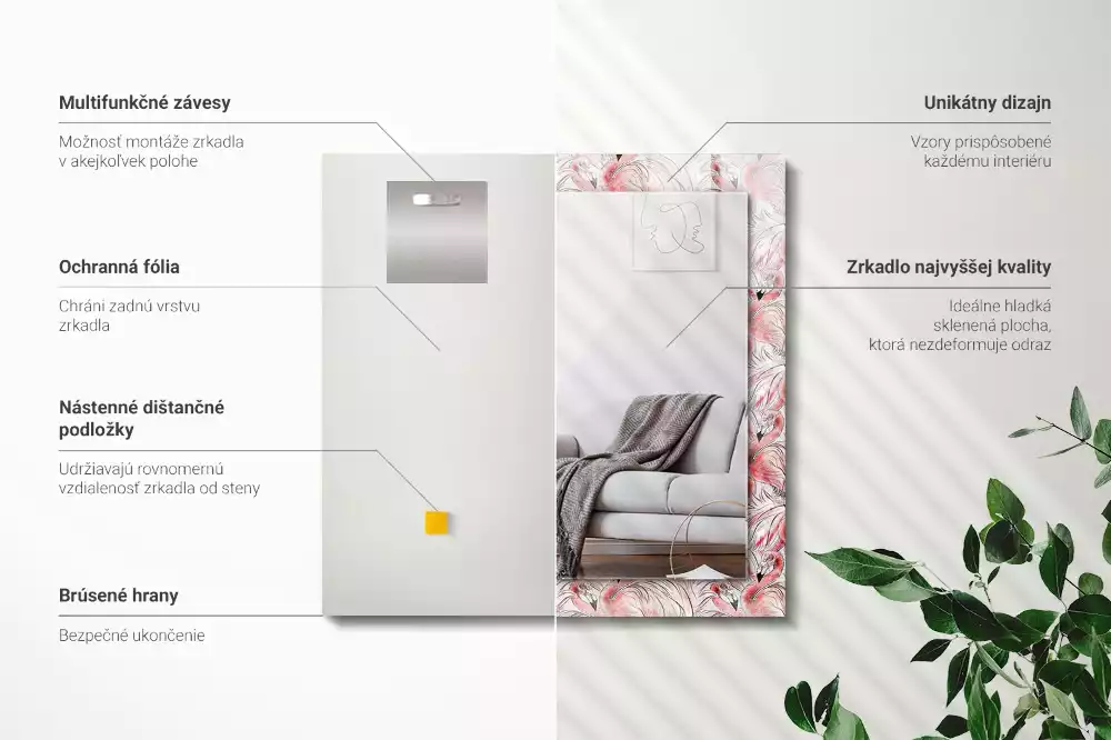 Négyszögletes díszes tükör Rózsaszín flamingók