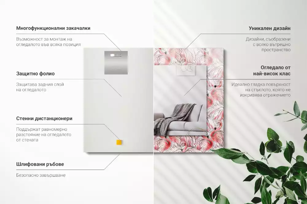 Négyszögletes díszes tükör Rózsaszín flamingók