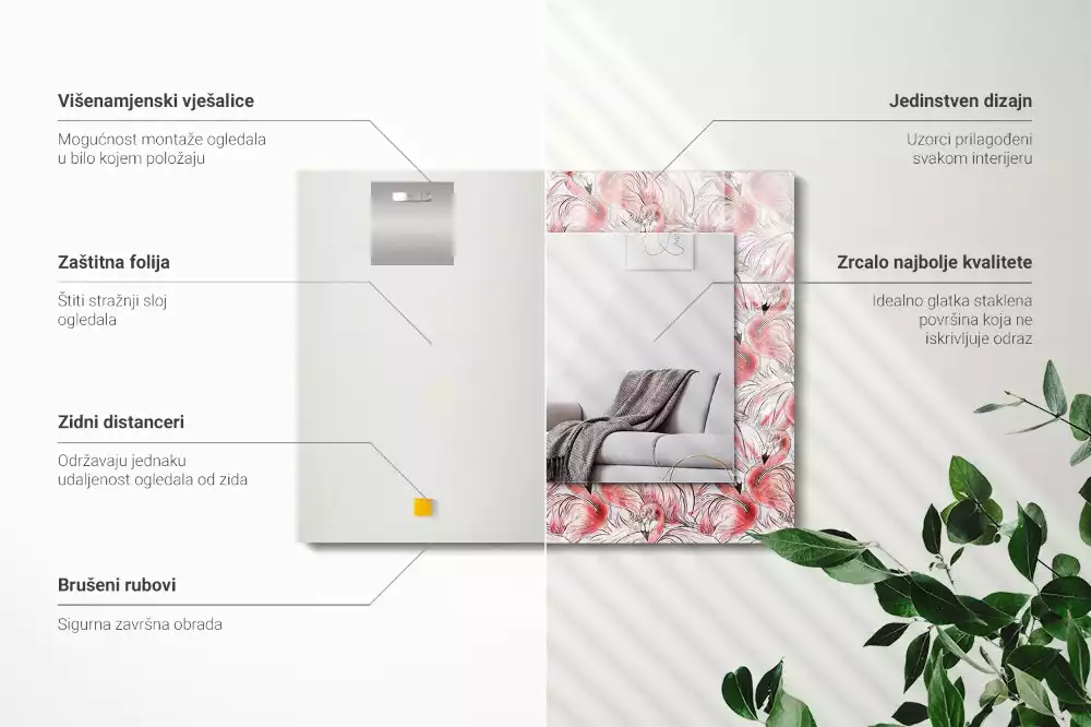 Négyszögletes díszes tükör Rózsaszín flamingók