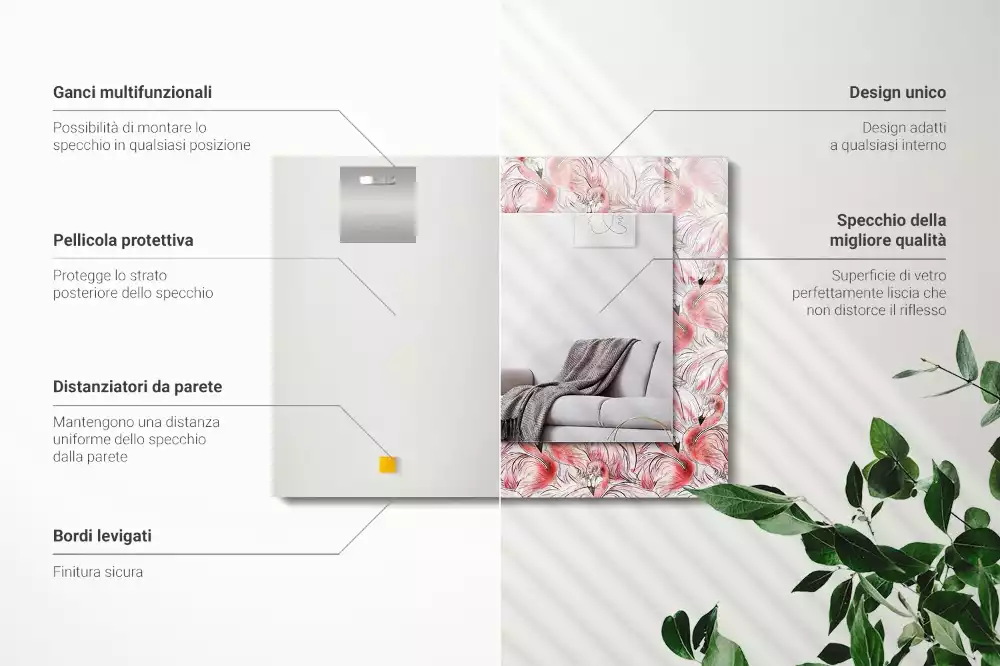 Négyszögletes díszes tükör Rózsaszín flamingók