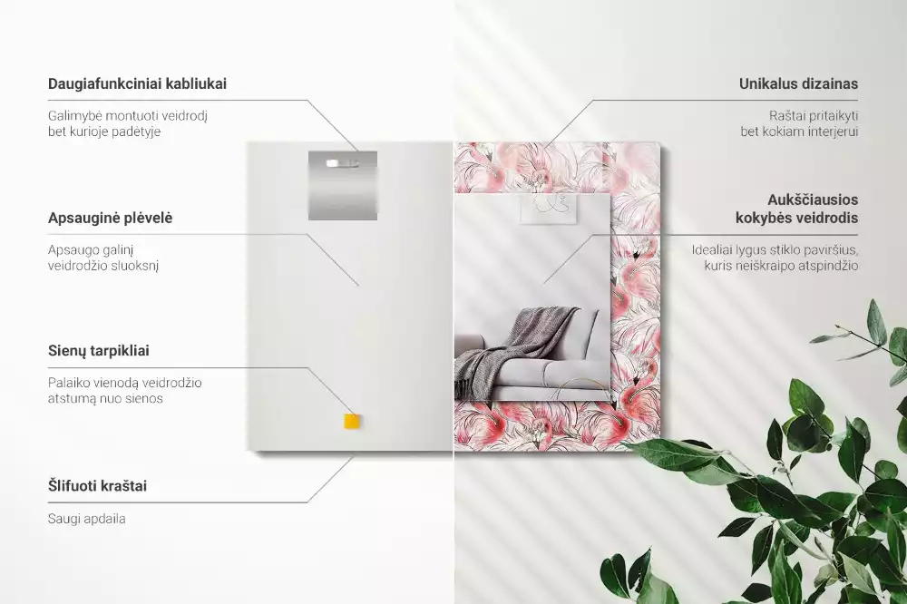 Négyszögletes díszes tükör Rózsaszín flamingók