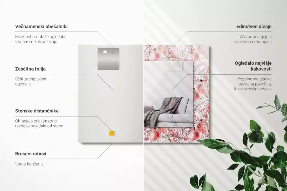 Négyszögletes díszes tükör Rózsaszín flamingók