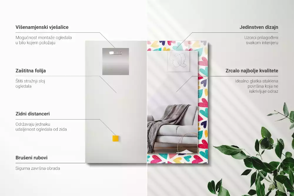 Négyszögletes díszes tükör Színes szívek minta