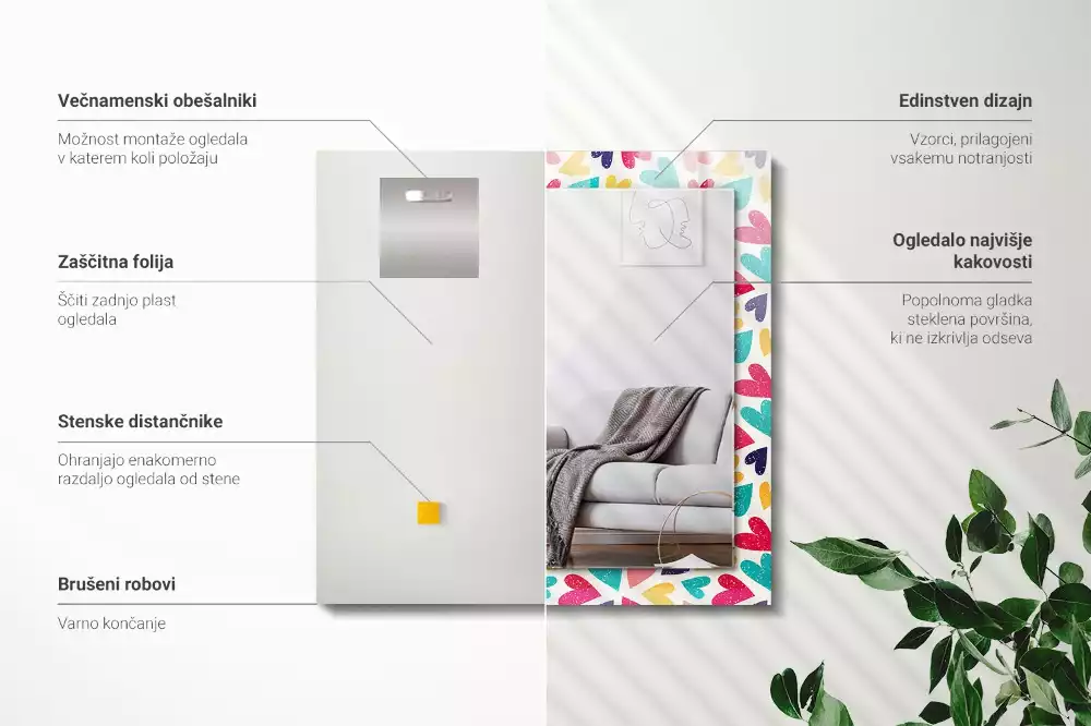 Négyszögletes díszes tükör Színes szívek minta