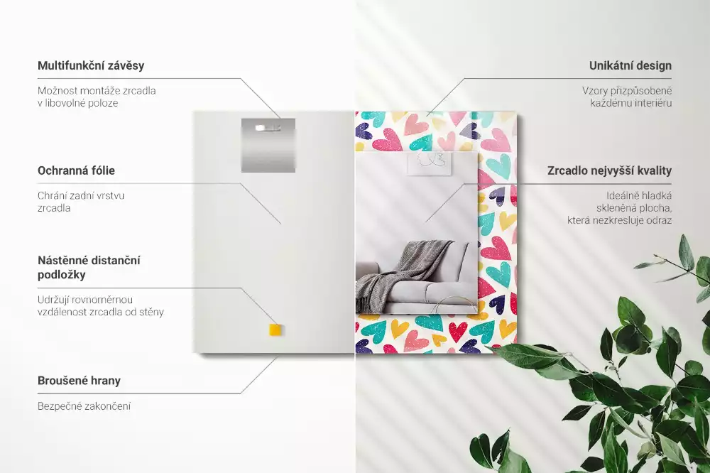 Négyszögletes díszes tükör Színes szívek minta