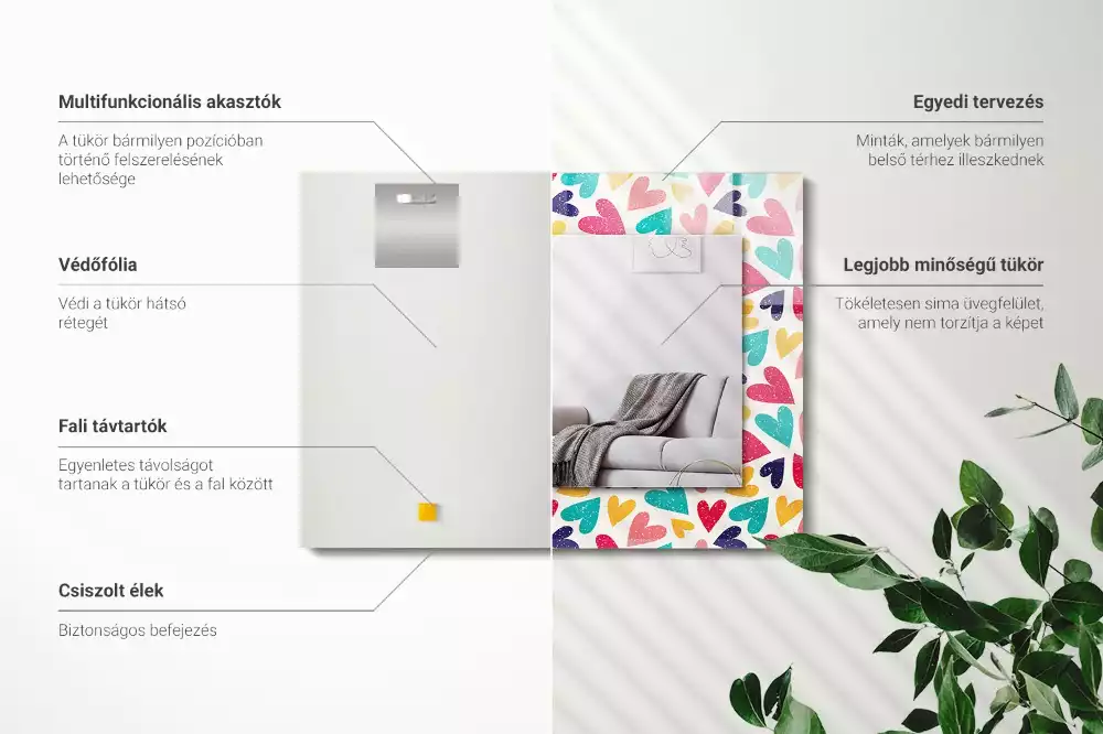 Négyszögletes díszes tükör Színes szívek minta