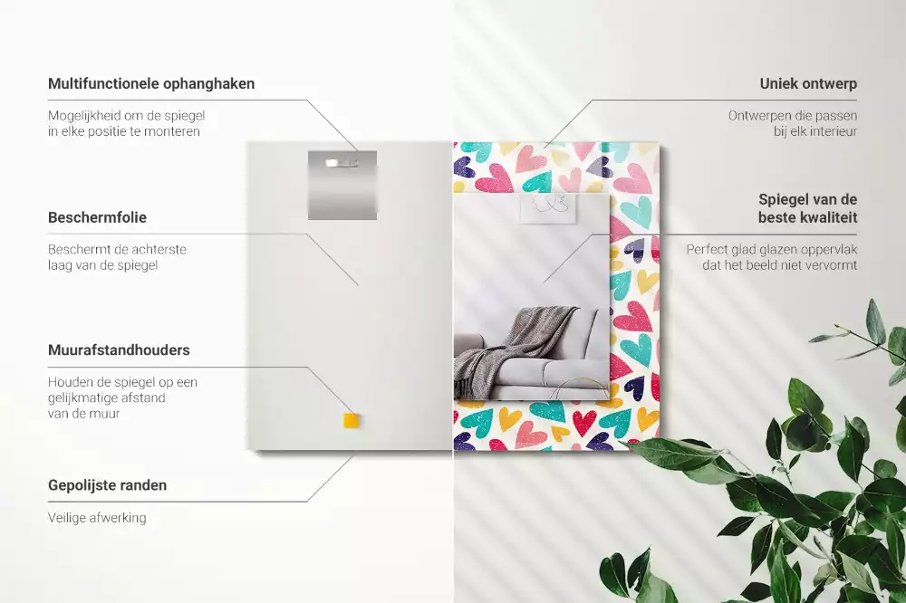 Négyszögletes díszes tükör Színes szívek minta