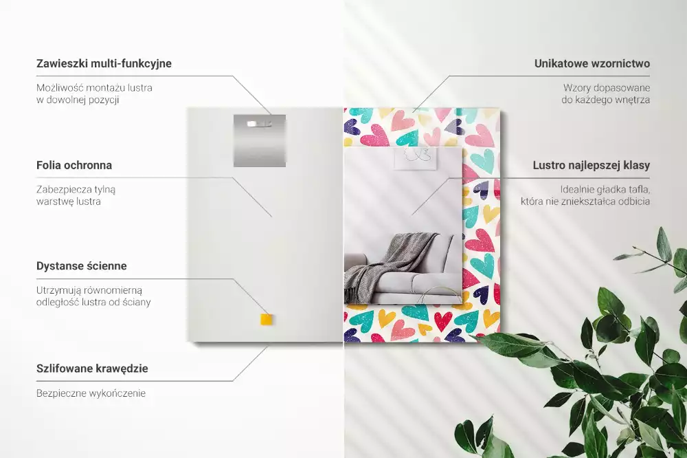 Négyszögletes díszes tükör Színes szívek minta