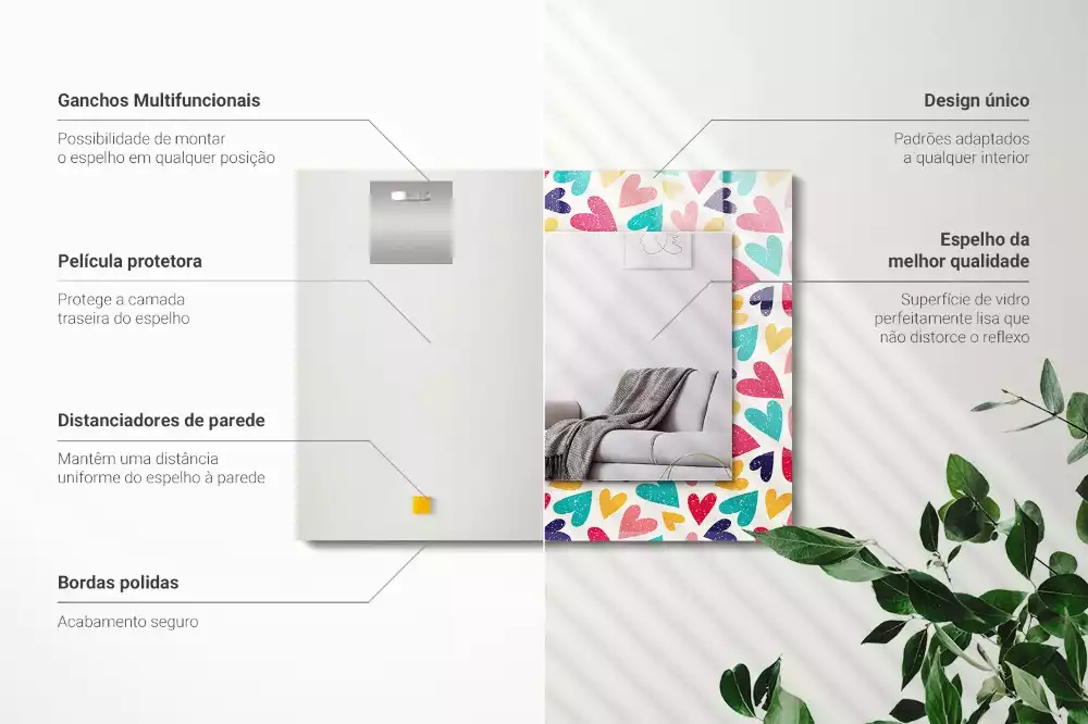 Négyszögletes díszes tükör Színes szívek minta