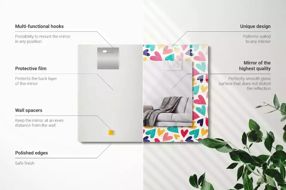 Négyszögletes díszes tükör Színes szívek minta