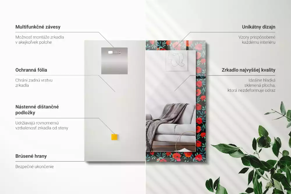 Négyszögletes díszes tükör Pipacsok Virágok